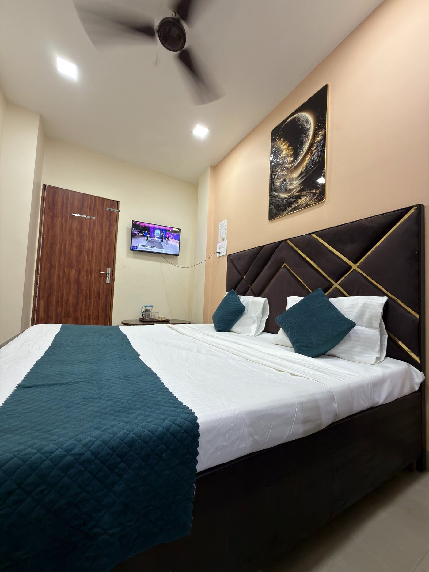 Peaceful room interior with attached bathroom